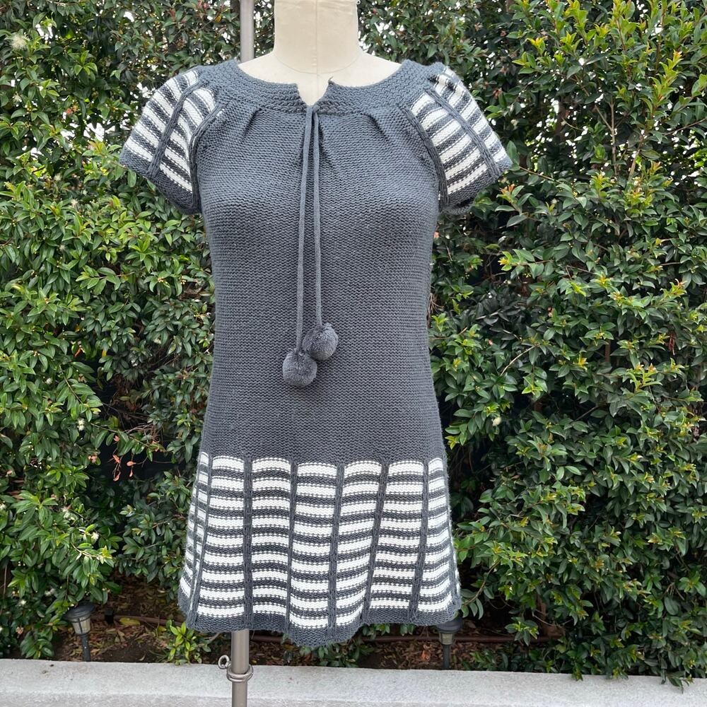 Handmade Black Cream Knit Sweater Dress Tunic Boho Cottagecore Artisan Knit